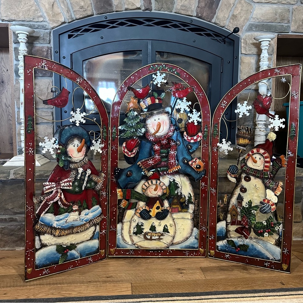 2003 Grandeur Noel 36" Decorative Metal Screen Snowman Fireplace Cover 48”Wx36”